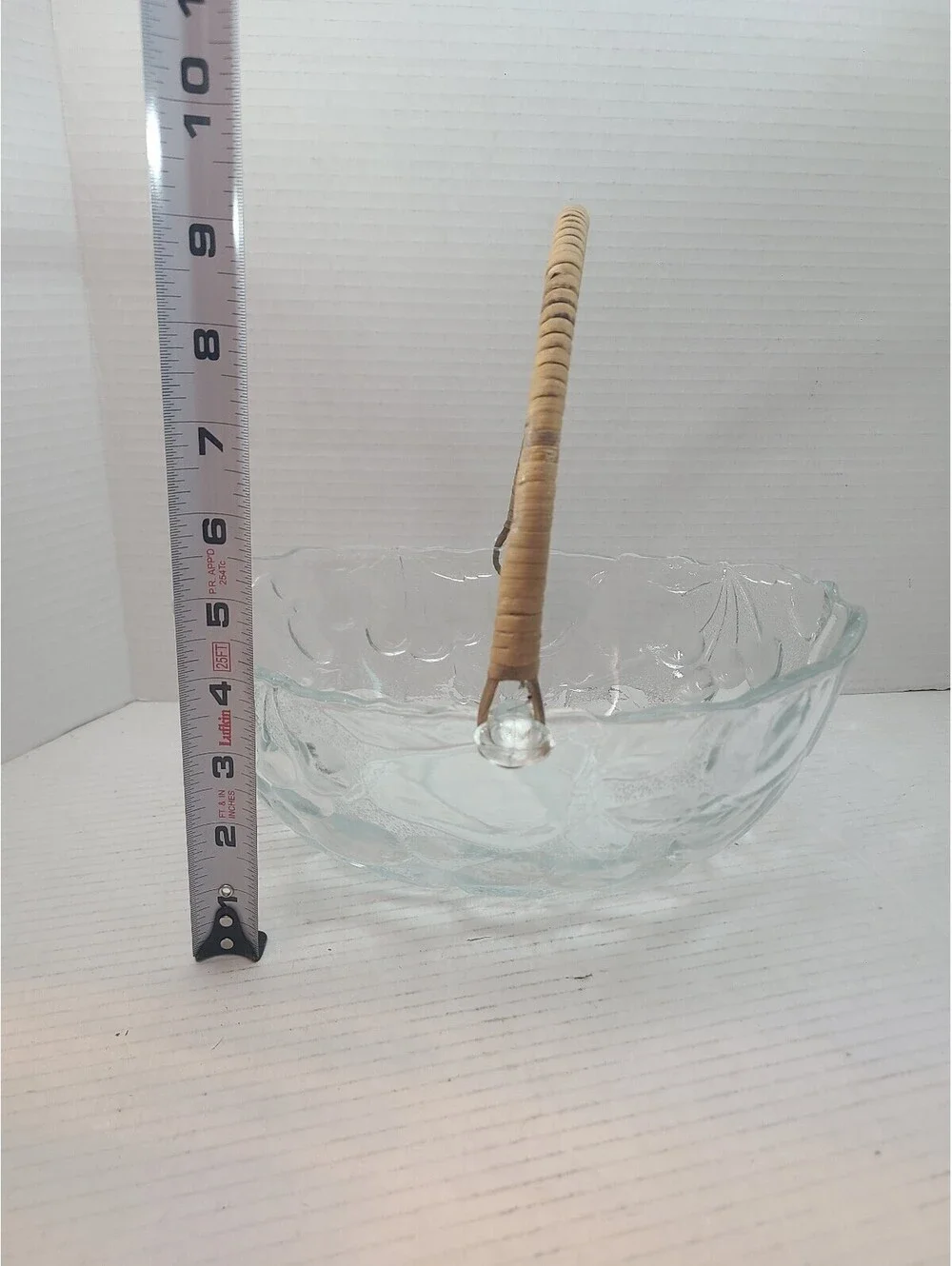 Mid Century Modern Embossed Clear Pressed Glass Fruit Basket Bowl Rattan Handle